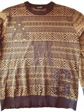 Scotch & Soda Men's Amsterdam Couture Mustard/Burgundy Patterned Sweater- Size L